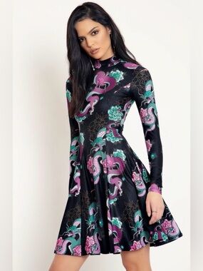BlackMilk Long Sleeve Evil Longline Dress Dragon Bouquet Size S
